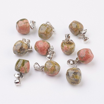 Natural Unakite Pendants, with Platinum Tone Brass Findings, Apple, 15x10mm, Hole: 2.5x6mm