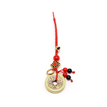 Brass Coins Pendant Decorations, with Polyester Cord and Alloy & Acrylic Findings, Red, 11.3cm