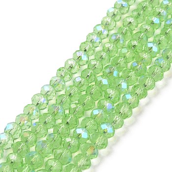 Electroplate Glass Beads Strands, Half Rainbow Plated, Faceted, Rondelle, Light Green, 4x3mm, Hole: 0.4mm, about 113~115pcs/strand, 41~42cm