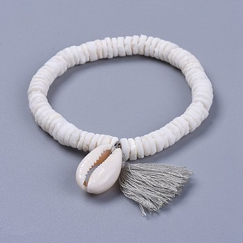 Cotton Thread Tassels Charm Bracelets, with Shell Beads and Cowrie Shell Beads, with Burlap Paking Pouches Drawstring Bags, Light Grey, 2 inch(5~5.1cm)