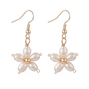 Natural Pearl Flower Dangle Earrings, Brass Wire Wrap Jewelry for Women, Golden, 40mm, Pin: 0.7mm
