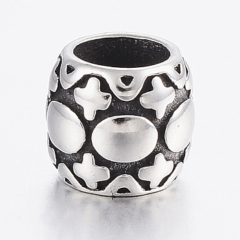 304 Stainless Steel European Beads, Large Hole Beads, Barrel with Oval and Cross, Antique Silver, 8x7mm, Hole: 5mm