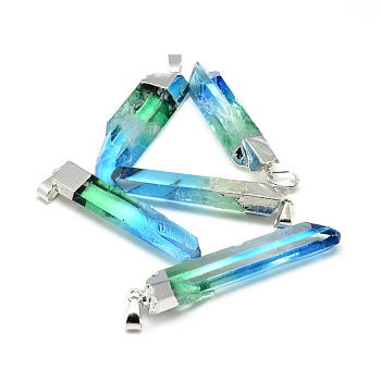 Natural Quartz Crystal Pointed Pendants, with Iron Findings, Plated Platinum, Nuggets, Dyed, Deep Sky Blue, 42~55x9~15x8~11mm, Hole: 6x3.5mm