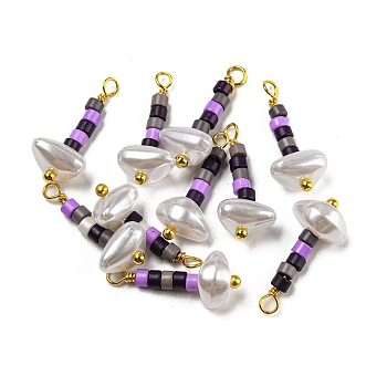 ABS Plastic Imitation Pearl Pendants, with Real 18K Gold Plated Brass Loops and Glass Seed Beads, Purple, 18.5~19.5x8x5.5mm, Hole: 1.6mm