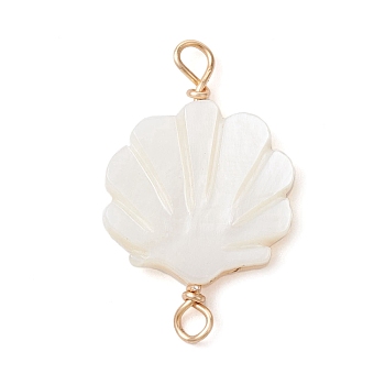 Natural Freshwater Shell Connector Charms, Shell Shaped Links with Copper Loops, Light Gold, 23x15x3mm, Hole: 2mm
