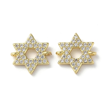 Rack Plating Brass Micro Pave Clear Cubic Zirconia Connector Charms, Star of David Links, Cadmium Free & Lead Free, Long-Lasting Plated, Real 18K Gold Plated, 12.5x12.5x2.5mm, Hole: 1mm