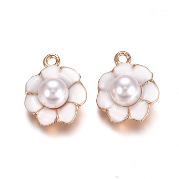 Light Gold Plated Alloy Enamel Pendants, with Acrylic Imitation Pearl, Flower, White, 20x16.5x8.5mm, Hole: 1.5mm