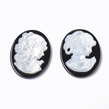Natural Black Agate Cameo Cabochons, with Shell, Oval with Women Portrait, White, 30x22x4~4.5mm