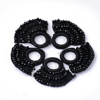 Glass Woven Pendants, Polyester Thread Covered with CCB Plastic Findings, Faceted, Fan, Black, 46~51x54~59x5mm, Hole: 16.5mm