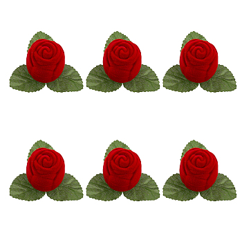 Rose Velvet Ring Box, with Plastic Leaf, Ring Storage Gift Case for Wedding, Engagement, Red, 8x8x4.5cm, Inner Diameter: 3.5x3.5x0.9cm