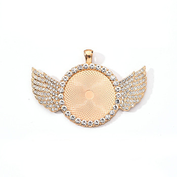 Alloy Pendant Cabochon Settings, with Crystal Rhinestone, Cadmium Free & Lead Free, Flat Round with Wing, Light Gold, Tray: 30mm, 46x68x4mm, Hole: 5.5x3.5mm