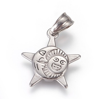 304 Stainless Steel Pendants, Sun and Moon, Antique Silver, 22x20x2mm, Hole: 4.5x7mm