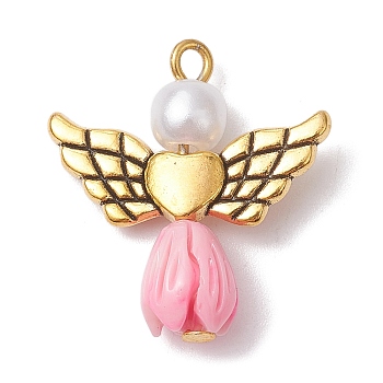 Resin Imitation Pearl Pendants, Rose Angel Charms with Antique Golden Plated Alloy Heart Wings, Pearl Pink, 23.5~24x22x6.5mm, Hole: 1.8~2.2mm