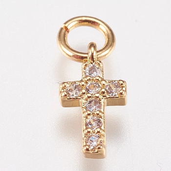 Brass Micro Pave Cubic Zirconia Tiny Cross Charms, Golden, 9x5x1.5mm, Hole: 2mm