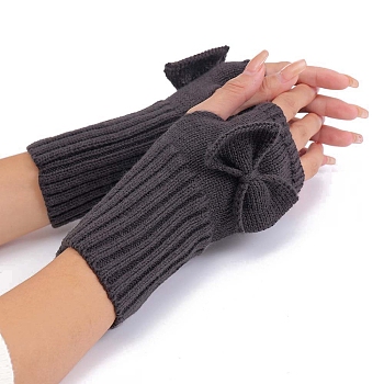 Acrylic Fibers Bowknot Knitting Fingerless Gloves, Arm Warmer, Winter Warm Gloves with Thumb Hole, Gray, 200x70mm