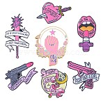 7Pcs 7 Style Heart & Moon & Lip & Rugosa Rose Enamel Pin, Electrophoresis Black Plated Alloy Feminism Theme Word Brooch for Backpack Clothes, Mixed Color, 20.5~43x17~33.5x1~1.5mm, Pin: 1~1.2mm, 1Pc/style(JEWB-SZ0001-81)