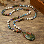 Natural Unakite Flat Teardrop Pendant Round Gems and Cube Glass Beaded Long Necklaces for Women, 29.92 inch(76cm)(FS-WG9FE58-06)