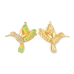 304 Stainless Steel Enamel Pendants, with Rhinestones, Real 18K Gold Plated, Brid Charm, Lime, 29x26.5x3mm, Hole: 1.4mm(STAS-K256-05G-01)
