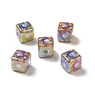 UV Plating Opaque Rainbow Iridescent Acrylic Beads, Cube with Rabbit Pattern, Colorful, 14.5x14.5x14.5mm, Hole: 3.7mm(PACR-D069-02A)