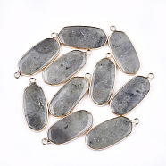 Natural Labradorite Pendants, with Brass Findings, Oval, Golden, 36~37x15~16x3~4mm, Hole: 2mm(X-G-T112-23A)