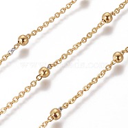 304 Stainless Steel Cable Chains, Satellite Chains, with Round Beads, Soldered, with Spool, Flat Oval, Golden, 2.5mm, Link: 2.5x2x0.4mm, Beads: 4x3.5mm, about 82.02 Feet(25m)/roll(CHS-E018-09G)