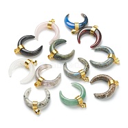 Natural & Synthetic Gemstone Pendants, with Golden Brass Findings, Double Horn/Crescent Moon, 31~33x30x10mm, Hole: 6x4mm(G-A017-G)