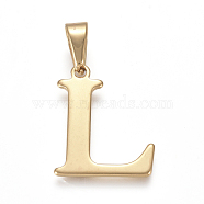 304 Stainless Steel Pendants, Golden, Initial Letter.L, 26x20x1mm, Hole: 3x10mm(STAS-F106-95G-L)