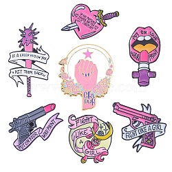 7Pcs 7 Style Heart & Moon & Lip & Rugosa Rose Enamel Pin, Electrophoresis Black Plated Alloy Feminism Theme Word Brooch for Backpack Clothes, Mixed Color, 20.5~43x17~33.5x1~1.5mm, Pin: 1~1.2mm, 1Pc/style(JEWB-SZ0001-81)