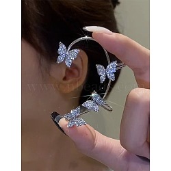 Fashionable Tassel Brass Cuff Earrings, with High Sense of Curve, with Rhinestone, Butterfly, Platinum, 55mm(WGDF8A9-01)