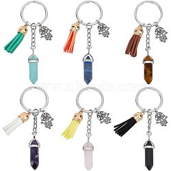 Synthetic & Natural Gemstone Bullet Keychain, Tibetan Style Alloy Hamsa Hand/Hand of Miriam Pendants & Tassel Pendant Keychain, with Iron Split Key Rings, 9.5cm, 6pcs/box(KEYC-NB0001-43)