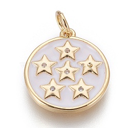 Brass Enamel Pendants, with Cubic Zirconia, Flat Round with Star, White, Golden, 17x15x2mm, Hole: 3.5mm(KK-O113-08B-G)