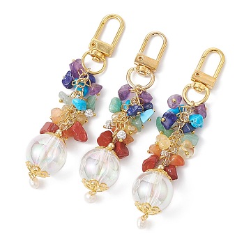 Chakra Natural Mixed Stone Beaded Pendant Decorations, with Transparent Acrylic Beads and Alloy Swivel Clasps, Round, Colorful, 100~102mm