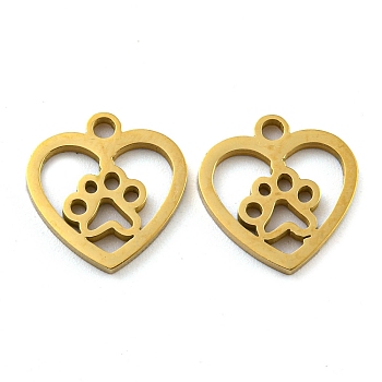 Ion Plating(IP) 316 Surgical Stainless Steel Charms, Laser Cut, Heart with Paw Print Charms, Real 18K Gold Plated, 12.5x12.5x1.5mm, Hole: 1.6mm