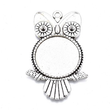 Tibetan Style Alloy Owl Pendant Rhinestone Cabochon Settings, Cadmium Free & Lead Free, Tray, Antique Silver, Tray: 20mm, 45x29x2.5mm, Hole: 2.5mm, Fit for 3mm rhinestone, about 132pcs/1000g