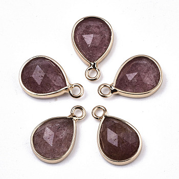 Natural Strawberry Quartz Charms, with Light Gold Plated Brass Edge and Loop, Teardrop, Faceted, 14x9x4.5mm, Hole: 1.5mm