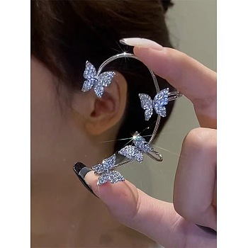 Fashionable Tassel Brass Cuff Earrings, with High Sense of Curve, with Rhinestone, Butterfly, Platinum, 55mm