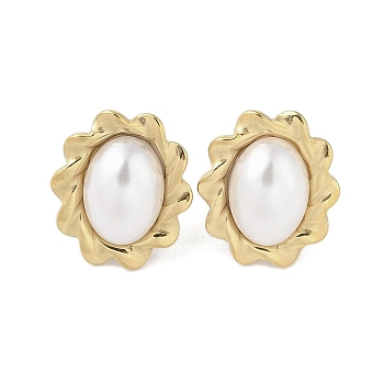 316 Surgical Stainless Steel & CCB Imitation Pearl Stud Earrings for Women, Real 18K Gold Plated, Oval, 20.5x18mm