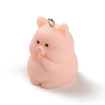 Opaque Resin Pendants, Cute Pig Charms, with Platinum Plated Iron Loops, Pig, 28x22.5x21.5mm, Hole: 2mm