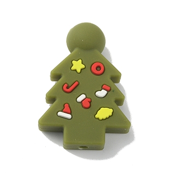 Christmas Theme Food Grade Eco-Friendly Silicone Beads, Chewing Beads For Teethers, DIY Nursing Necklaces Making, Christmas Tree Pattern, 33x23x9mm, Hole: 2.5mm