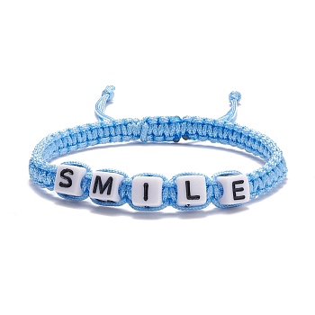 Word Smile Braided Bead Bracelet, Adjustable Friendship Bracelet for Women, Light Blue, Inner Diameter: 2~3 1/8 inch(5~7.8cm)