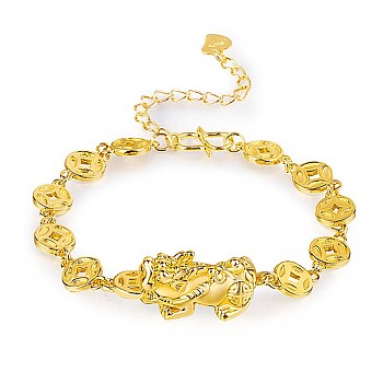 Brass Pi Xiu Link Bracelets for Women, Feng Shui Lucky Bracelet, Golden, 5-1/2 inch(14cm)