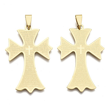 201 Stainless Steel Big Pendants, Cross with Word Padre Nuestro, Real 18K Gold Plated, 50.5x32x1mm, Hole: 4x7.5mm