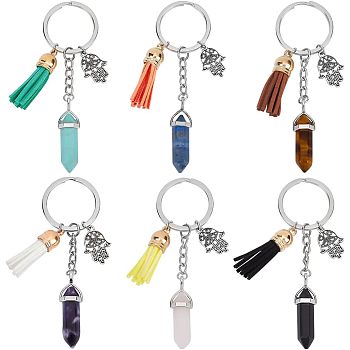 Synthetic & Natural Gemstone Bullet Keychain, Tibetan Style Alloy Hamsa Hand/Hand of Miriam Pendants & Tassel Pendant Keychain, with Iron Split Key Rings, 9.5cm, 6pcs/box