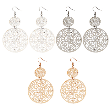 3 Pairs 3 Colors Zinc Alloy Filigree Flower Dangle Earrings for Women, Mixed Color, 85mm, Pin: 0.6mm, 1 Pair/color
