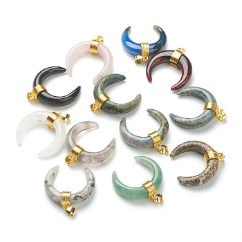 Natural & Synthetic Gemstone Pendants, with Golden Brass Findings, Double Horn/Crescent Moon, 31~33x30x10mm, Hole: 6x4mm