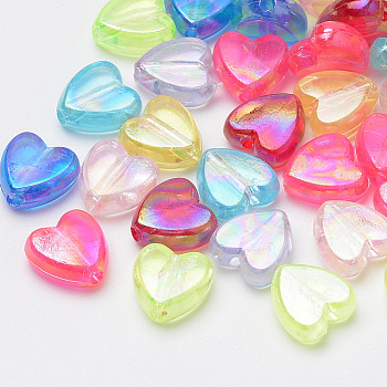 Transparent Acrylic Beads, for Name Bracelets & Jewelry Making, AB Color, Heart, Mixed Color, 8.5x8.5x4mm, Hole: 1mm, about 1141pcs/201g