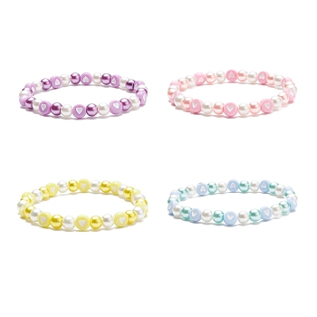 Acrylic Heart & Glass Pearl Beaded Stretch Bracelet for Women, Mixed Color, Inner Diameter: 2-1/8 inch(5.3~5.6cm)