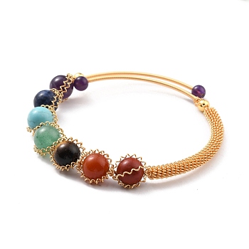 Natural Mixed Stone Beaded Cuff Bangle, Golden Brass Wire Wrapped Open Bangle for Women, Lead Free & Cadmium Free, Inner Diameter: 2-1/8 inch(5.5cm)