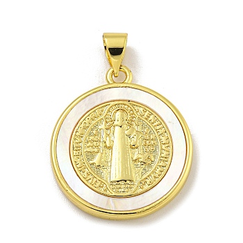 Rack Plating Brass Pave Nature Shell Religion Pendants, Flat Round Charms, Real 18K Gold Plated, Long-Lasting Plated, Lead Free & Cadmium Free, Saint Benedict Medal Cross, 22.5x20x3mm, Hole: 4x3mm