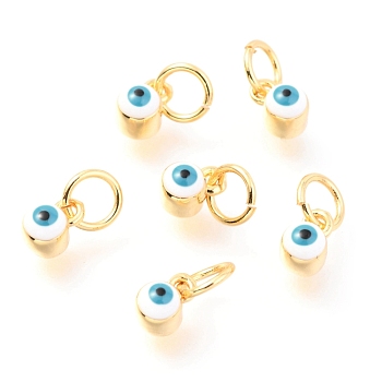 Brass Enamel Pendants, Long-Lasting Plated, Real 18K Gold Plated, with Jump Rings, Column with Evil Eye, White, 5x3.5x4.5mm,Jump Ring: 5x0.6mm, 3mm inner diameter.